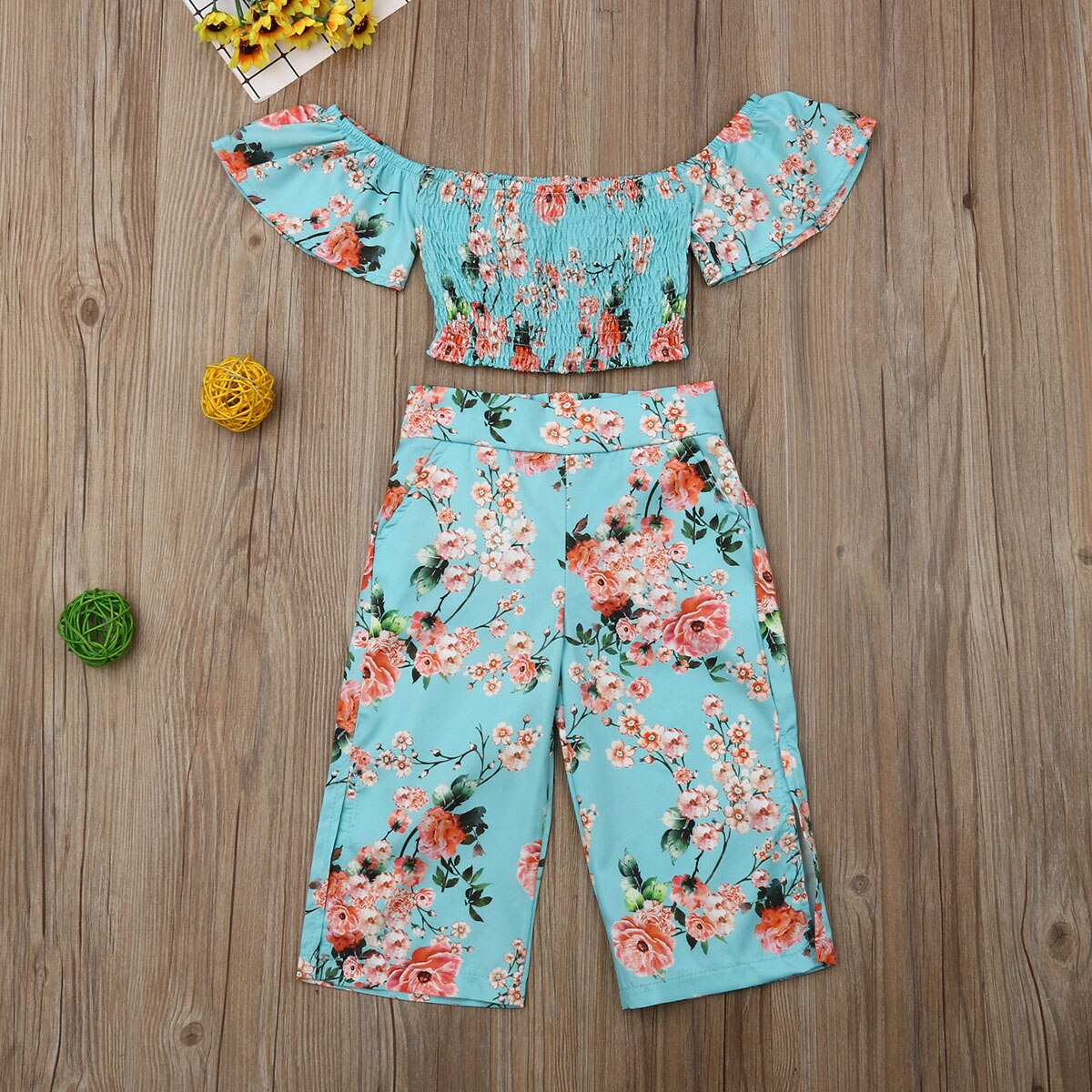 Småbarn barn bebis flicka blommiga sommarkläder set 2 st off shoulder crop tops långa delade byxor bedårande outfit set 2-6 år