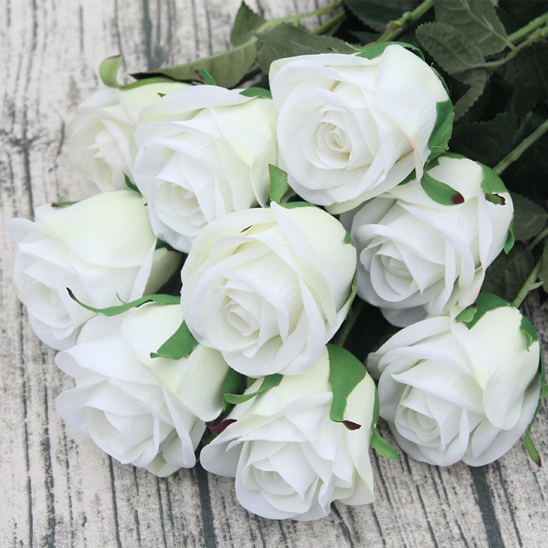 Kyunovia 72CM Single Rose Stem Artificial Silk Flowers Leaves Red Velvet Rose Wedding Party Home Decorative KY41: White