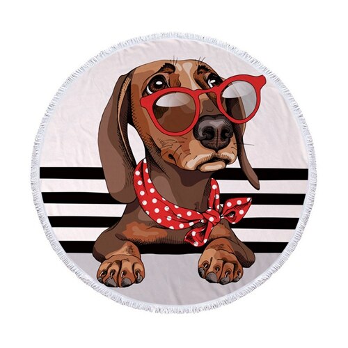 Moda jamnik motyw psa okrągły ręcznik plażowy z frędzlami mikrofibra 150cm koc piknikowy mata gobelin ST1009: 3