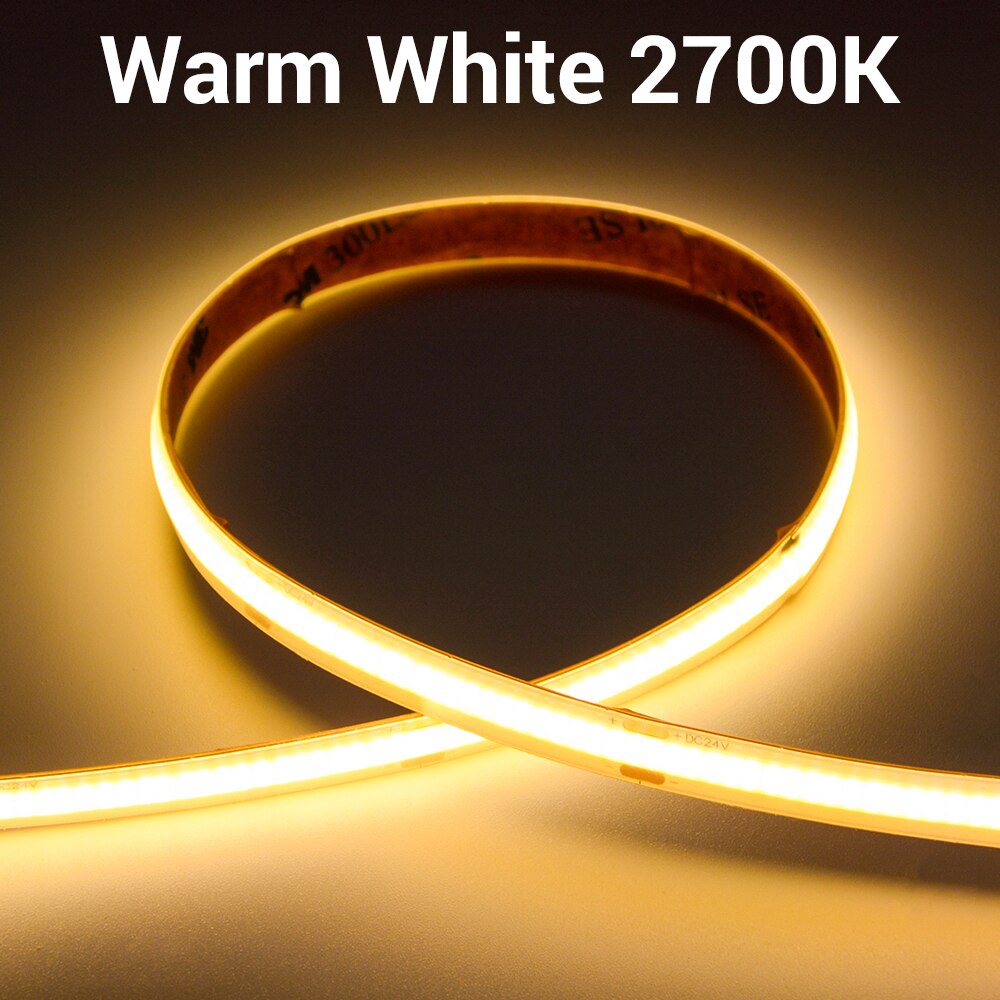 Tira de luces LED COB para exteriores, cinta Flexible de alta densidad, resistente al agua IP65, 12V/24V, 5 m/rollo, 8mm, 480 LED, para cocina y armario: 2700k / 24v