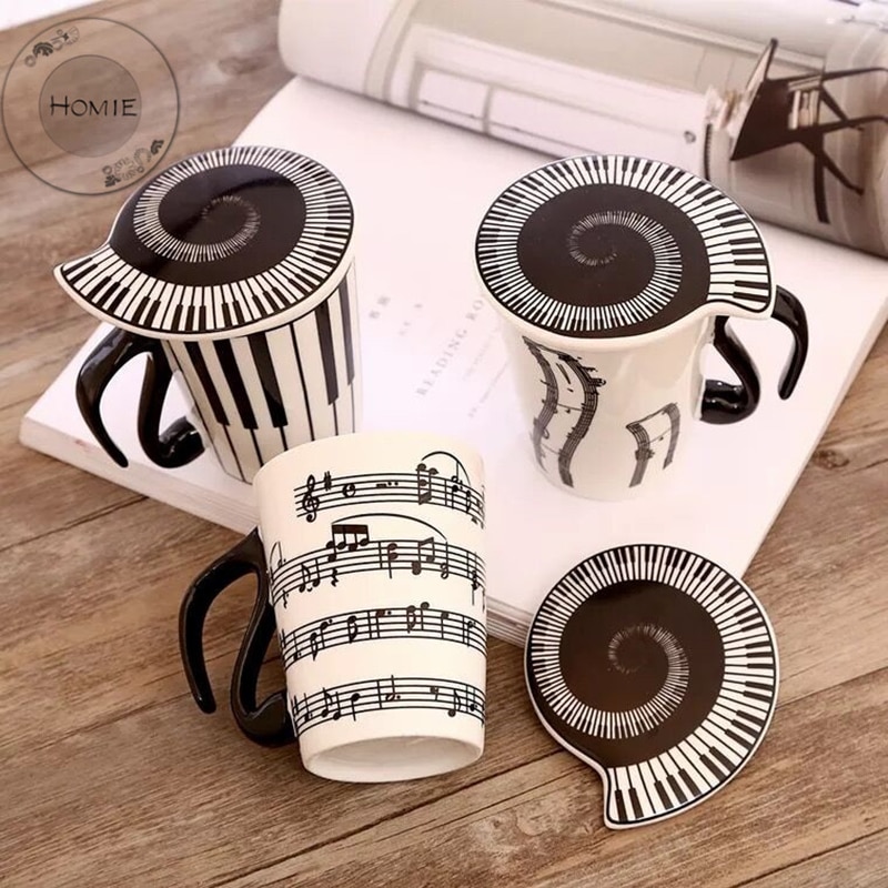 HOMIE Unique handle ceramic cup free spectrum coffee milk tea cup personality mug with Cup lid musical instrument
