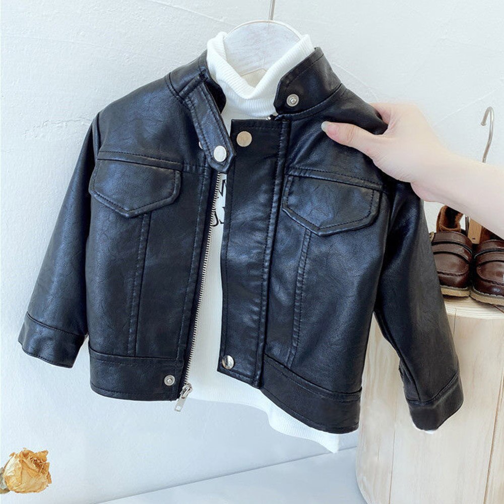 Halilo Jongens Pu Lederen Jassen Zwart Kleur Lente Herfst Terug Naar School Boutique Kinderkleding