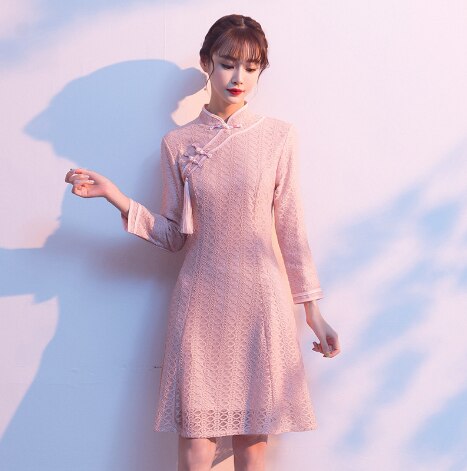 1 Stks/partij Chinese Stijl Vrouw Kanten Jurk Rood Roze Jurk Cheongsam Nieuwjaar Kerst Jurken Vrouwen Lange Mouwen Qipao: 2 / 4XL