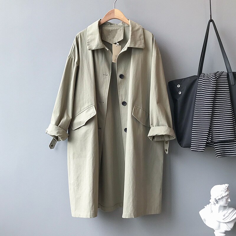 Herfst dames katoenen trenchcoat losse omslagkraag dameskleding lange jas casaco feminino abrigo mujer trench femme: Groente / Ik