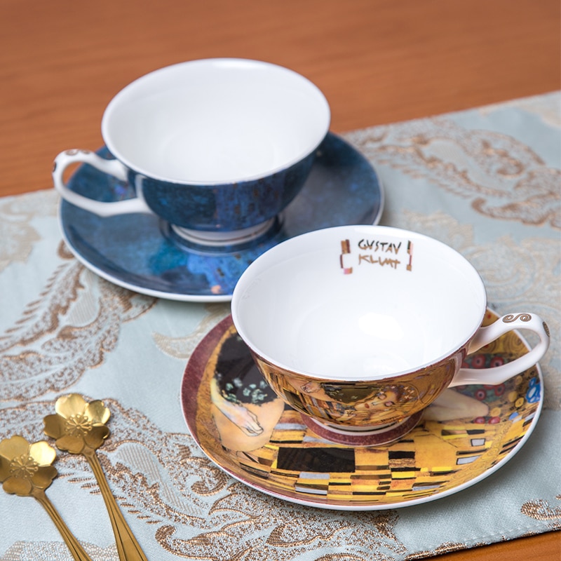 Klimt oljemaleri fint bein Kina te kaffekopp og tallerken sett