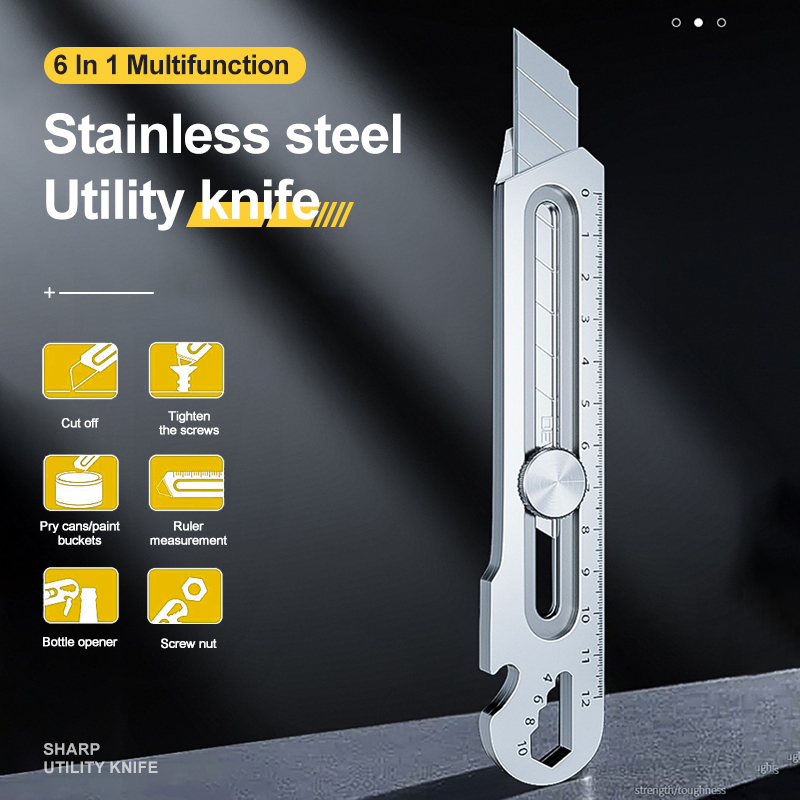 6 in 1 Stainless Steel Utility Knife Multi-Function Opener Retractable Box Cutter Portable Office Home Courier Unboxing Knifes