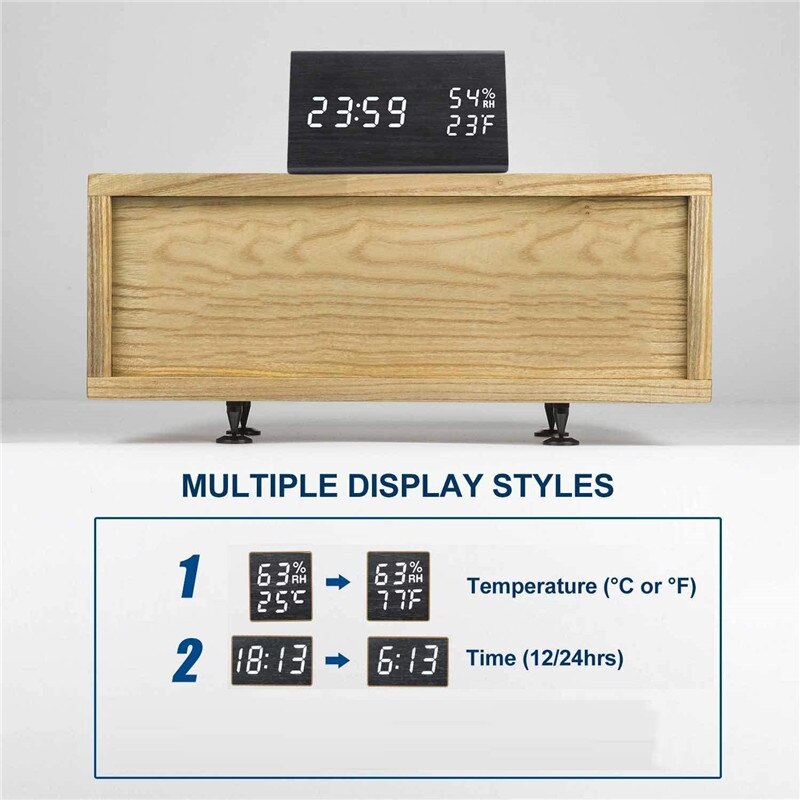 Intelligente Led Digitale Klok Hout Usb Tafel Wekker Sound Control Elektronische Vochtigheid Temperatuur Display Desktop Klokken