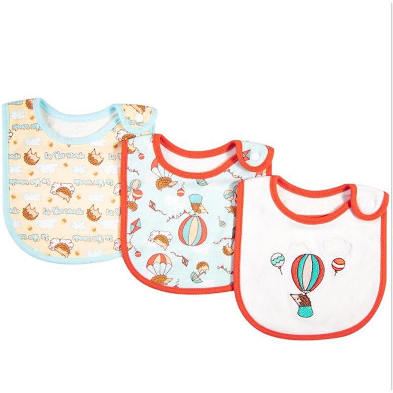 3 stuks / set baby slabbetjes met cartoon print, katoenen mix baby sjaal, maaltijdkraag, boertje, drukknoop baby slabbetjes