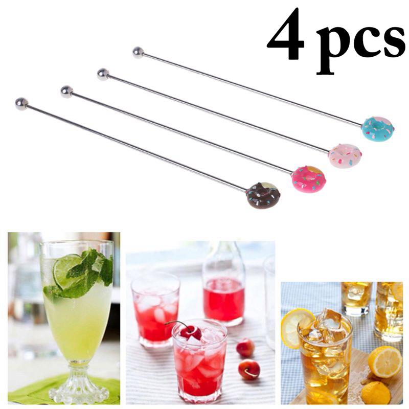 4PCS Swizzle Stick Donut Shape Stainless Steel Swizzle Stick Round Head Mixing Cocktail Coffee Stirrers Wine Drink Bar