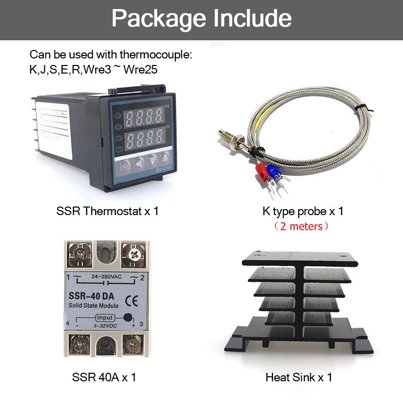 Dual Digital PID SSR Thermostat Regulator Temperature Controller Kit REX-C100 with SSR-40DA, Heat Sink, 2m K Thermocouple: Set 5