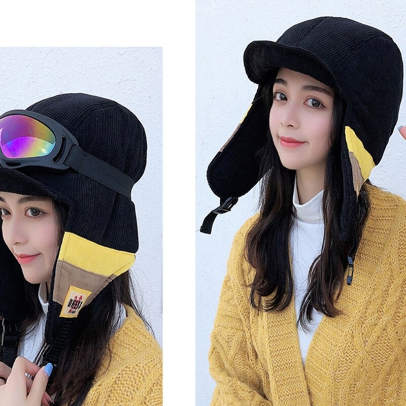 Gorra de cazador de soldado de terciopelo para mujer, gorro Reversible con gafas desmontables, a prueba de viento, a rayas de bloque de color, con orejeras