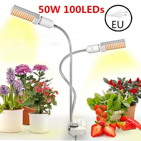 Luces LED para cultivo de plantas, lámpara de espectro completo E27 de doble cabeza Flexible de cuello de cisne para invernadero, Phyto, 45W, 50W, 60W, EU/US: EU 50W