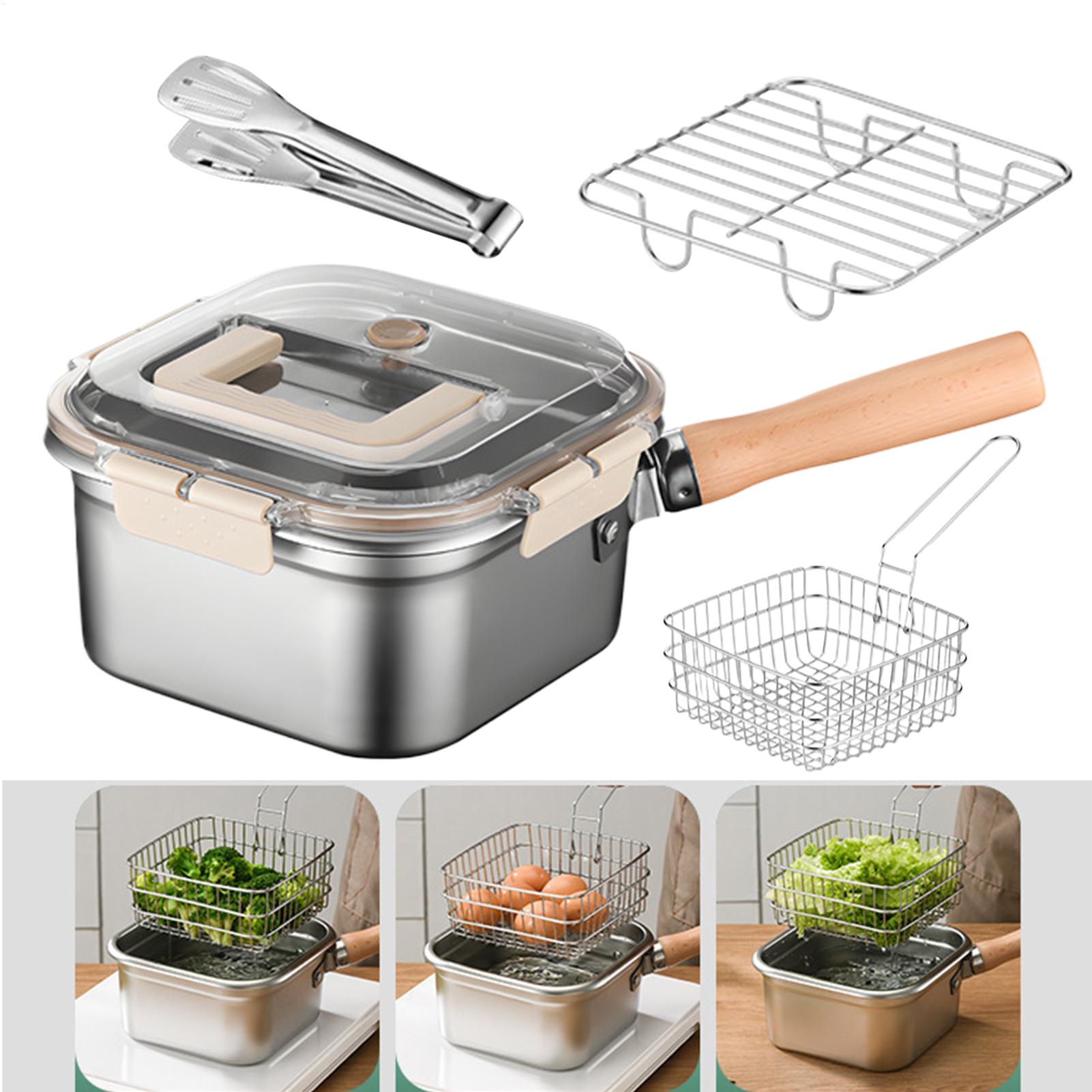 Frityrgrytesett i rustfritt stål, bærbar fiskefrityrkoker med oljedryppstativ, firkantet frityrgryte, japansk oljebesparende frityrkoker