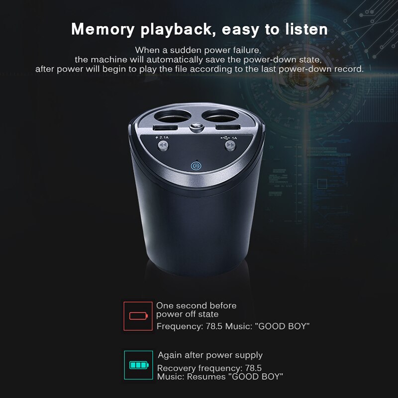 Bluetooth draadloze auto fm-zender, bekerhouder voor  mp3 spelers, handsfree autokit, fm-radio, dubbele usb-poort voor sigarettenaansteker in de auto