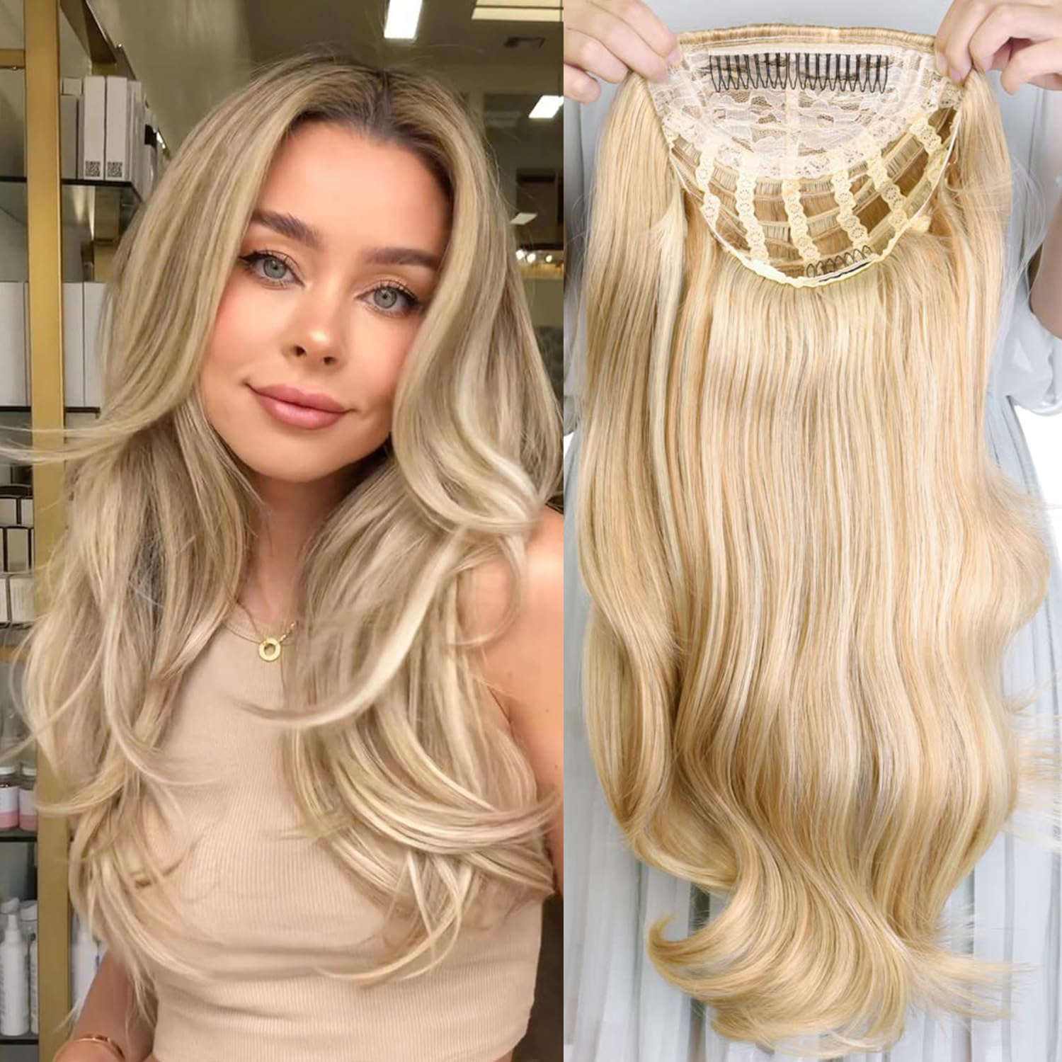 24 Polegada sintético longo ondulado cabeça amarrada 3/4 meia perucas para mulheres com clipes em, perucas loiras de extensão de cabelo