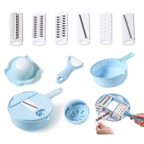 Cortador de verduras para el hogar, herramientas de cocina, rallador de patatas, rebanador de cocina, rallador giratorio de rábano, 12 piezas: 12 pcs Sky Blue