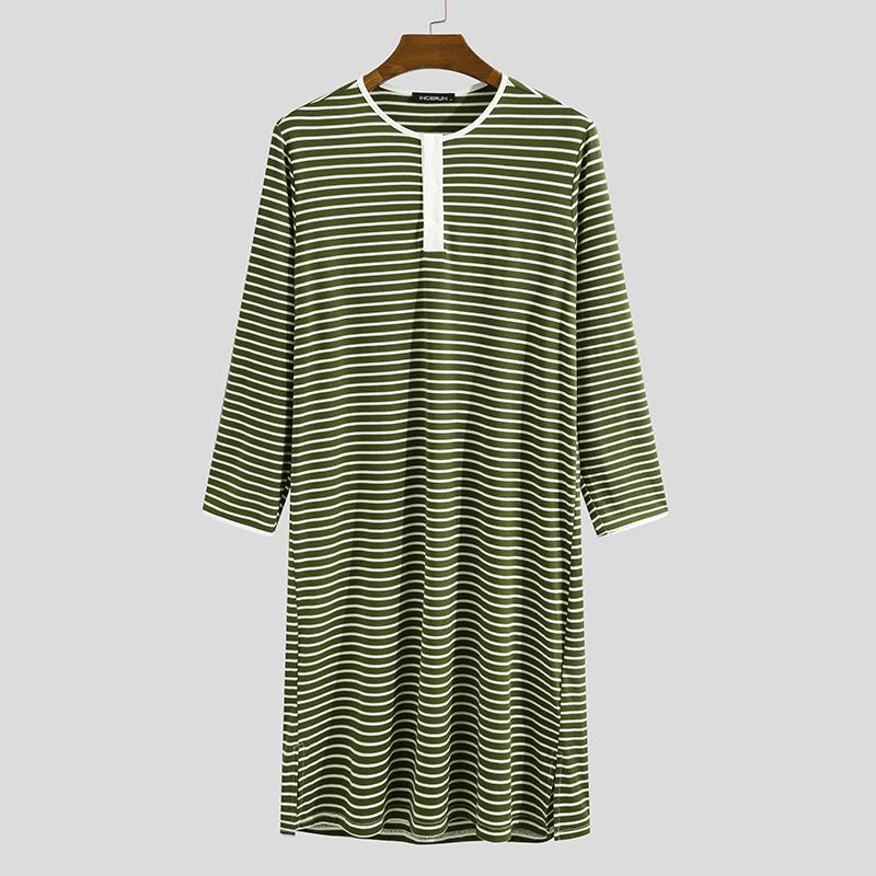INCERUN Men Homewear Nightclothes Men Striped Sleep Tops Long Sleeve Round Neck Loose Nightgrown Casual Comfortable Sleepwear: Green / 5XL