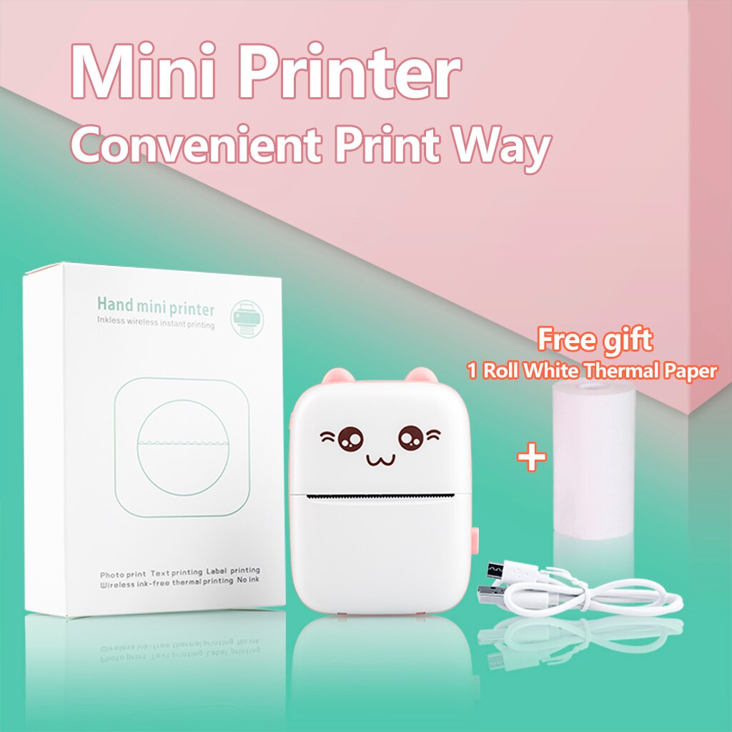 Portable Thermal Printer Paper Photo Pocket Cat Thermal Printer 57mm Printing Wireless Bluetooth Android IOS Printers For Child: Pink