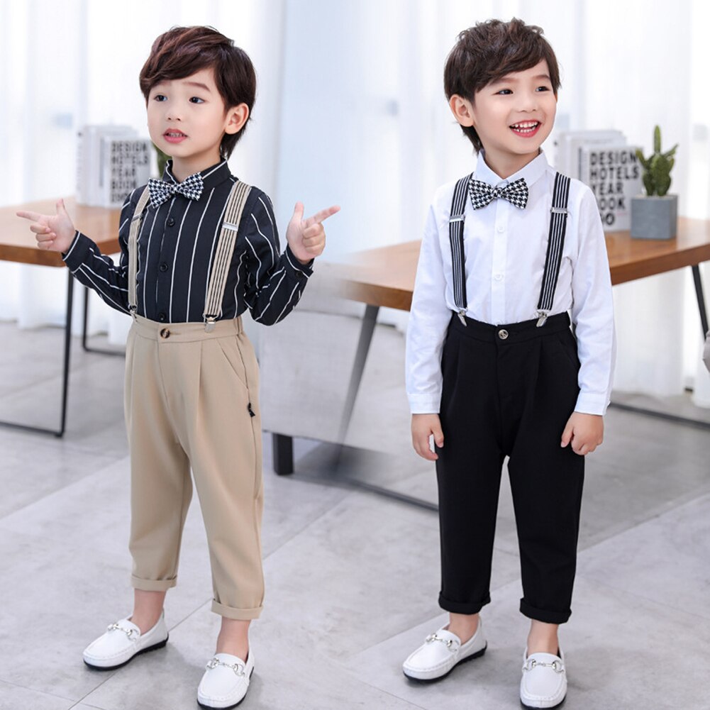 LOLANTA-Conjunto de ropa para niños de 2 a 11 años, camisa de vestir con pajarita + Pantalones de tirantes, para boda, cumpleaños