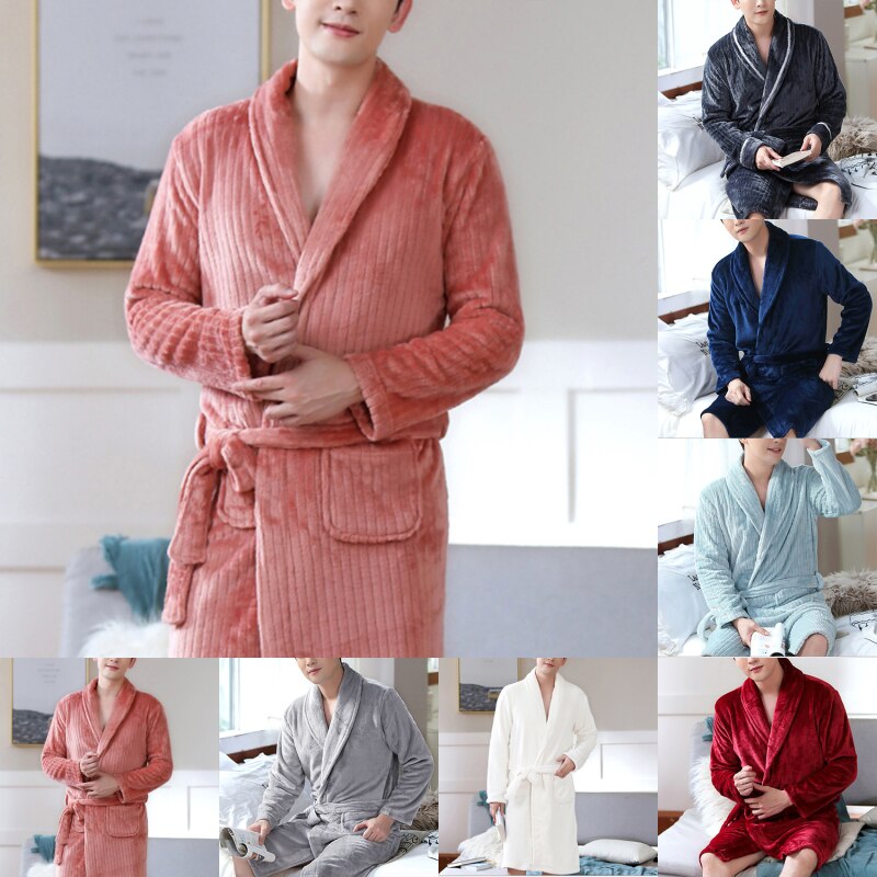 Men Casual Loose Kimono Bathrobe Autumn Winter Flannel Long Robe Sleepwear Nightgown Male Warm Thick Home Wear