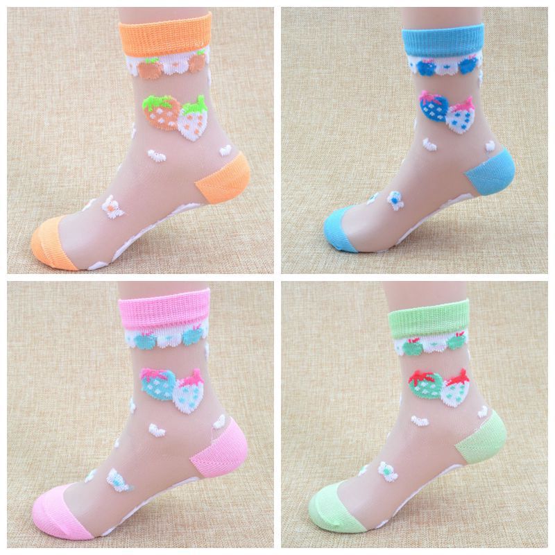 6 paar zomermeisjessokken ultradunne ademende stijl kristal baby kindersokken trendy elastische bedrukte zijden kindersokken