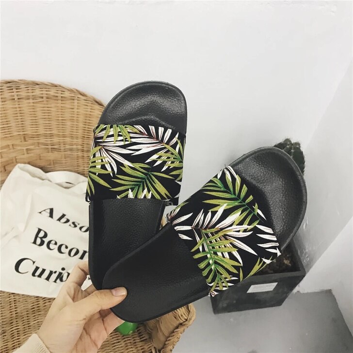 Sommar tofflor i bomullstyg för kvinnor med öppen tå tecknad söt grönt bladtryck anti-halk flip flops utanför kvinna skor