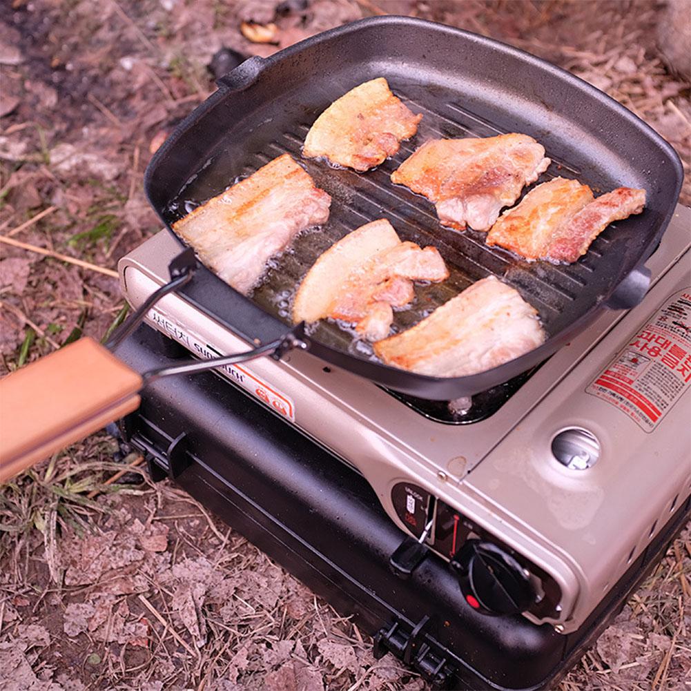 Lumiparty gjutjärn stek stekpanna frukostpanna trähandtag hopfällbar bärbar fyrkantig grillpanna utomhus camping stekpanna
