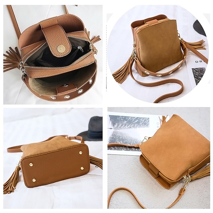 YBYT nubuck PU leer vrouwen emmer tas vintage casual brede schouderriem vrouwen tas crossbody bag hotsale kwastje vrouwelijke handtas
