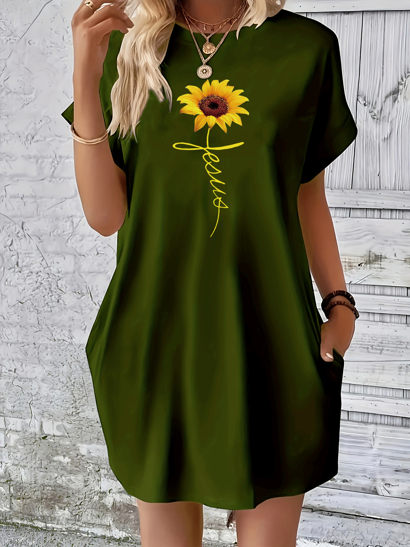 Dames Zomer Losse Cross Zonnebloem Print Ronde Hals Korte Mouw Zak Comfortabele Casual Plus Size Jurk: XXL / Army Green