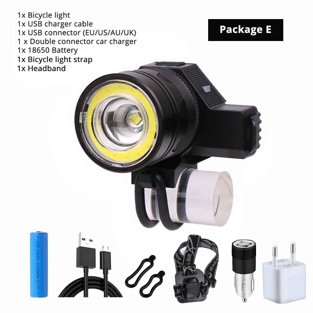 USB charging bicycle light 5 lighting mode super bright LED bike light waterproof zoom cycling accessories suit for night ride: Package E