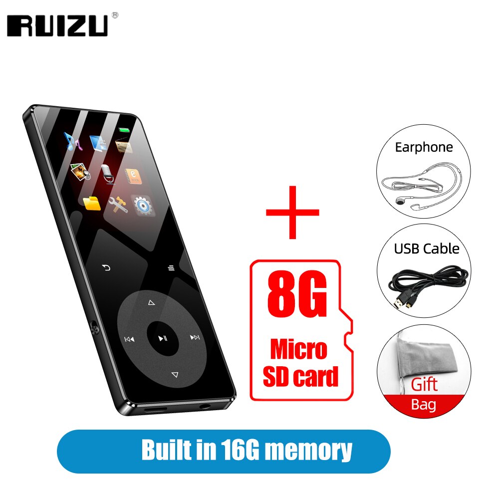 RUIZU – lecteur MP3 Hifi à écran tactile X02B, avec Bluetooth 5.0, haut-parleur intégré, Support de carte TF, Radio vidéo, enregistrement, Ebook: 16G Black Add 8G TF