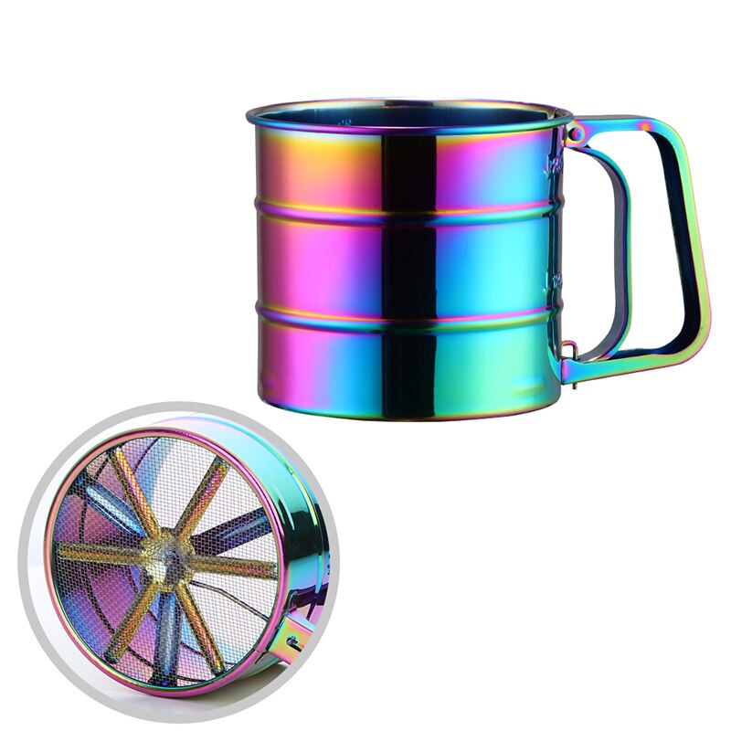 Goldene Manuelle Edelstahl Mehl Sieb Backen Gebäck Werkzeuge haltbar Backformen Zucker Shaker metall Gittergewebe Sieb tasse Küche Gerät: Regenbogen Nein.0
