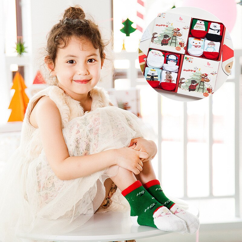 4pair/box Exquisite Christmas Boxed Children's Socks Christmas Socks Set Baby Socks for kids girl