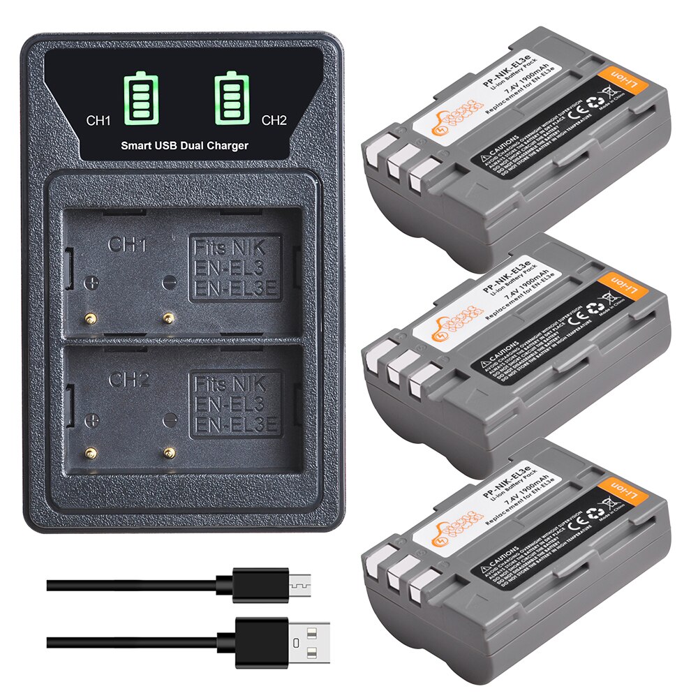 EN-EL3e EN-EL3 EL3e Battery + LED Built-in USB Dual Charger with Type C Port for Nikon D50 D70 D80 D90 D100 D200 D300 D300S D700: 3 battery 1 charger