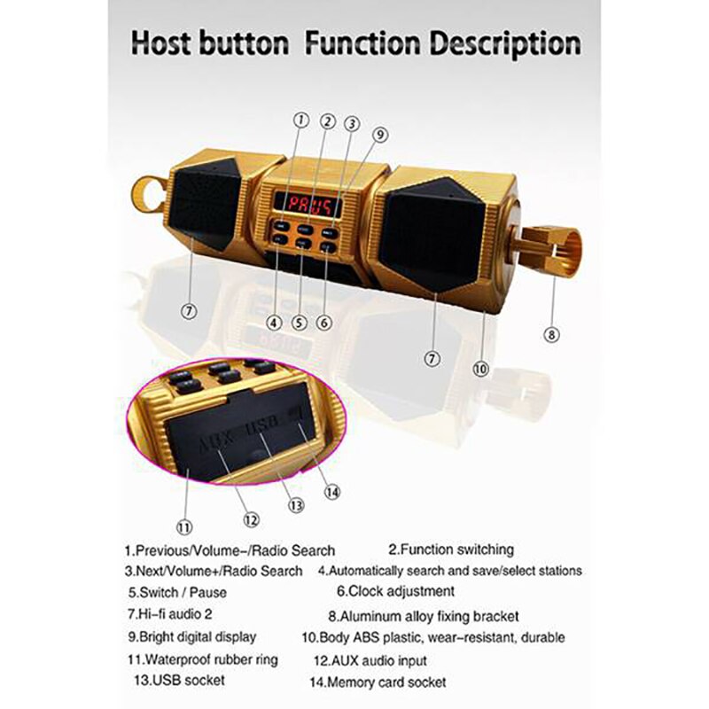 Reproductor MP3 para motocicleta, altavoz con manillar, Bluetooth, música, Radio FM, soporte ajustable impermeable, Audio estéreo para bicicleta, 12V