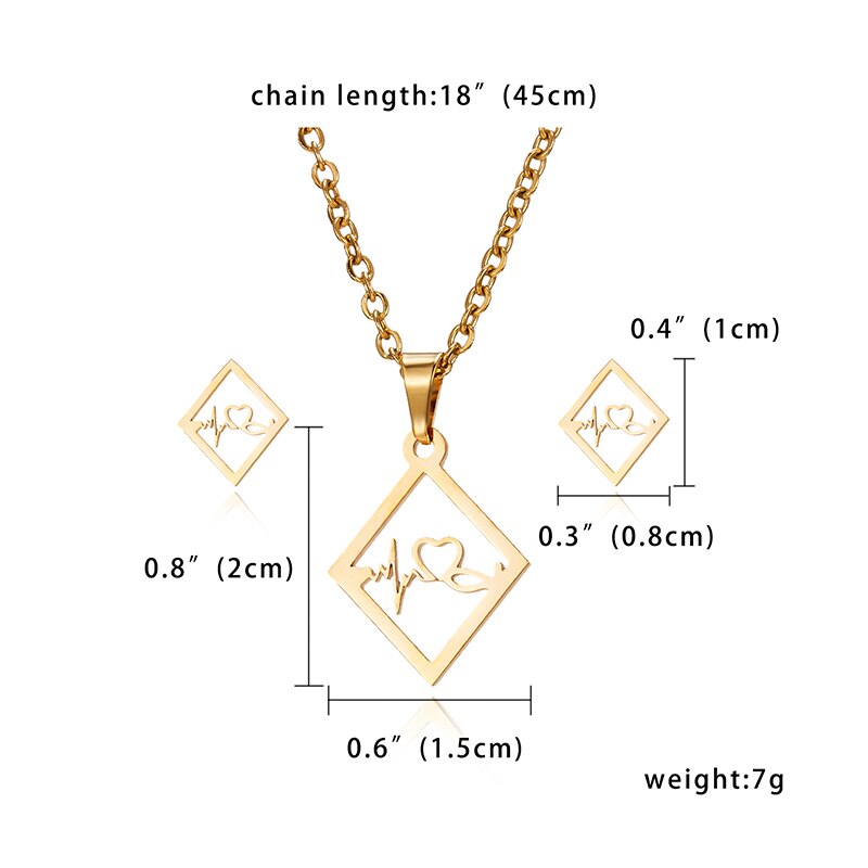 Rinhoo Cute Cat Pig Horse Gold Color Stainless Steel Sets Pineapple Heart Deer Necklace Earrings Jewelry Set Wedding Jewelry: square