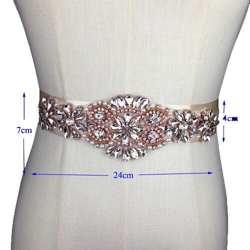 Silver handmade Rhinestone Applique Bridal Belt Crystal Wedding Sash Belt With beaded Pearl For Wedding Evening Dress up Prom: Rose Gold