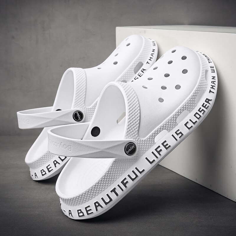 Blue Summer Sandals Men Outdoor Classic Beach Barefoot Shoes Black EVA Hole Shoes Sandals Men sandalias playa: White / 44