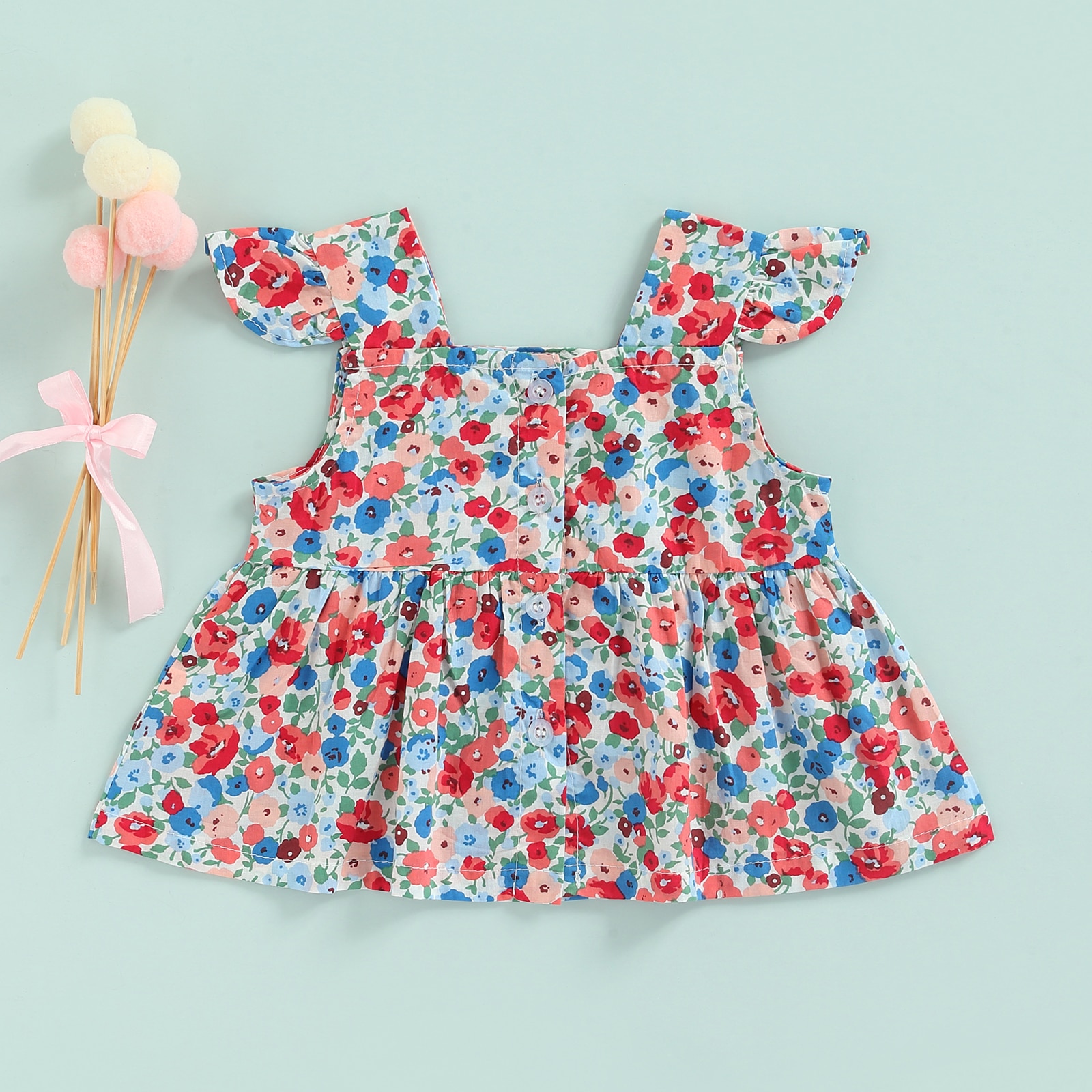 Bebê da criança menina verão topos flor impressão voar manga quadrado pescoço botão fechamento a linha camiseta casual