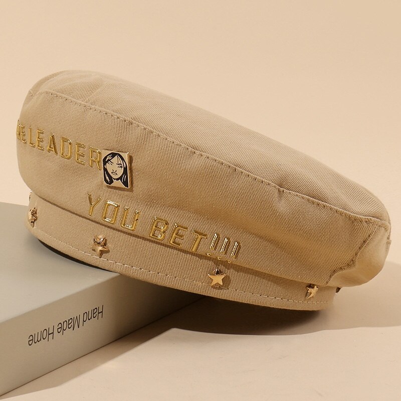 Boina con letra dorada para mujer, sombrero británico, boina de pintor japonés, boina de deporte: Caqui