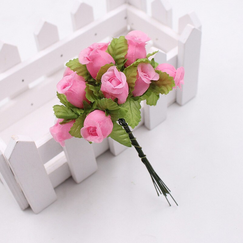 Mini rose 1 buket 12 blomsterhoveder kunstsilke blomstergrene små rosenknopper til hjemmet bryllupsfest gør-det-selv-boks indretning: 12