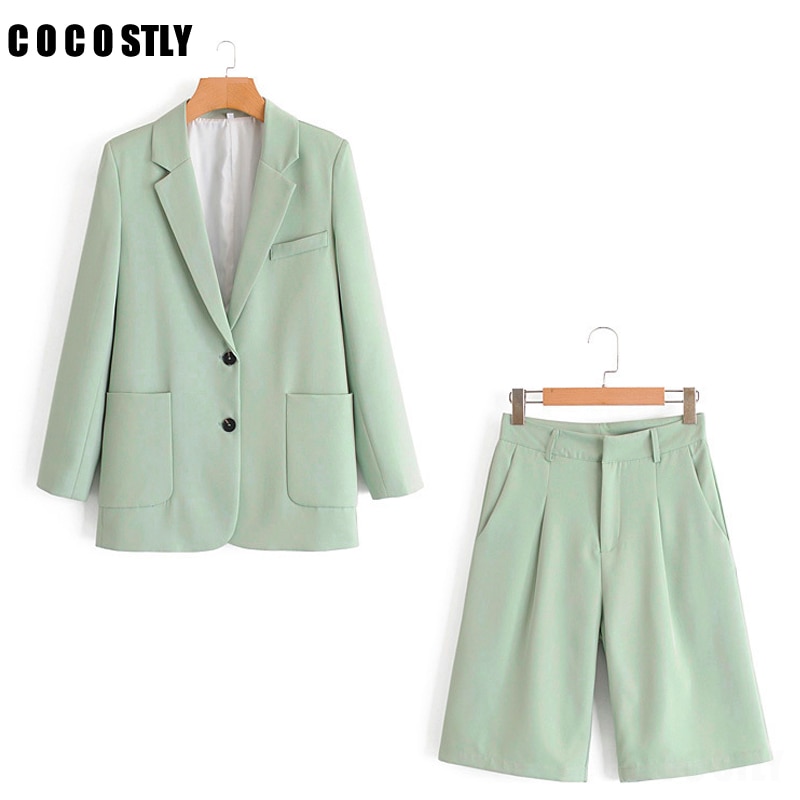 Trajes de otoño OL para mujer, conjunto de dos piezas para oficina, chaqueta Blazer con bolsillos y pantalones cortos con cremallera, trajes para mujer, Tops informales sueltos