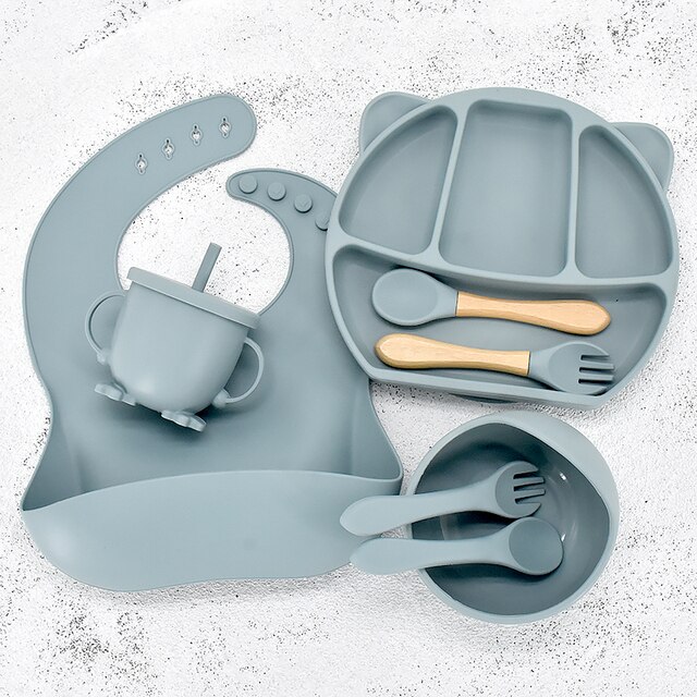 8PC Baby Silicone Sucker Plate Bowl Cup Spoon Fork Placemat Sets Food Grade Children&#39;s Compartment Training Dishes With Sucker: Panda Grey blue