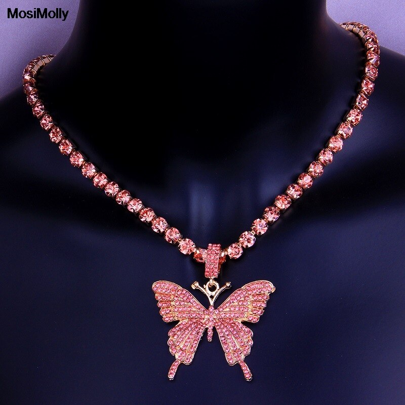 MosiMolly Rhinestone Butterfly Necklace Pendants Women Jewelery Neck Chain Choker Crystal