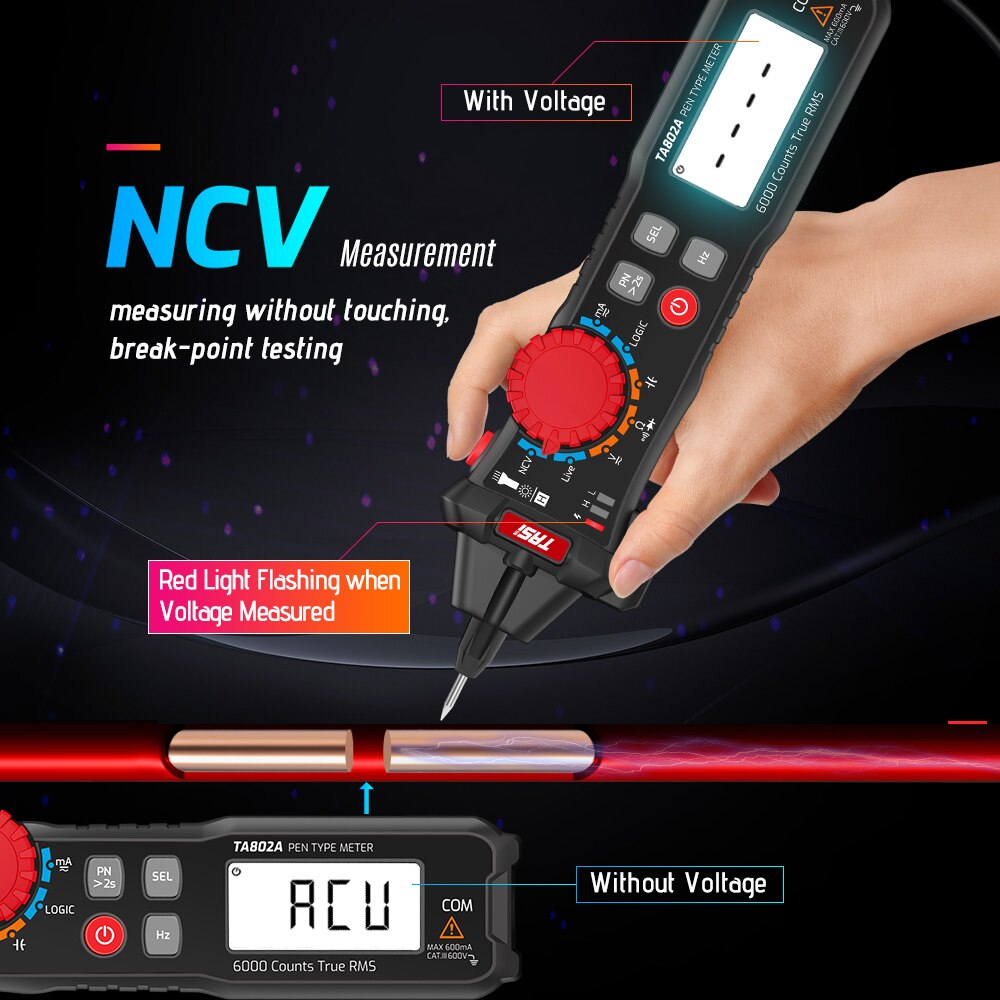 Tasi TA802A/TA802B Handheld 6000 Telt Digitale Multimeter Pen Voor Meten Dc/Ac True Rms Spanning Stroom Capaciteit meter