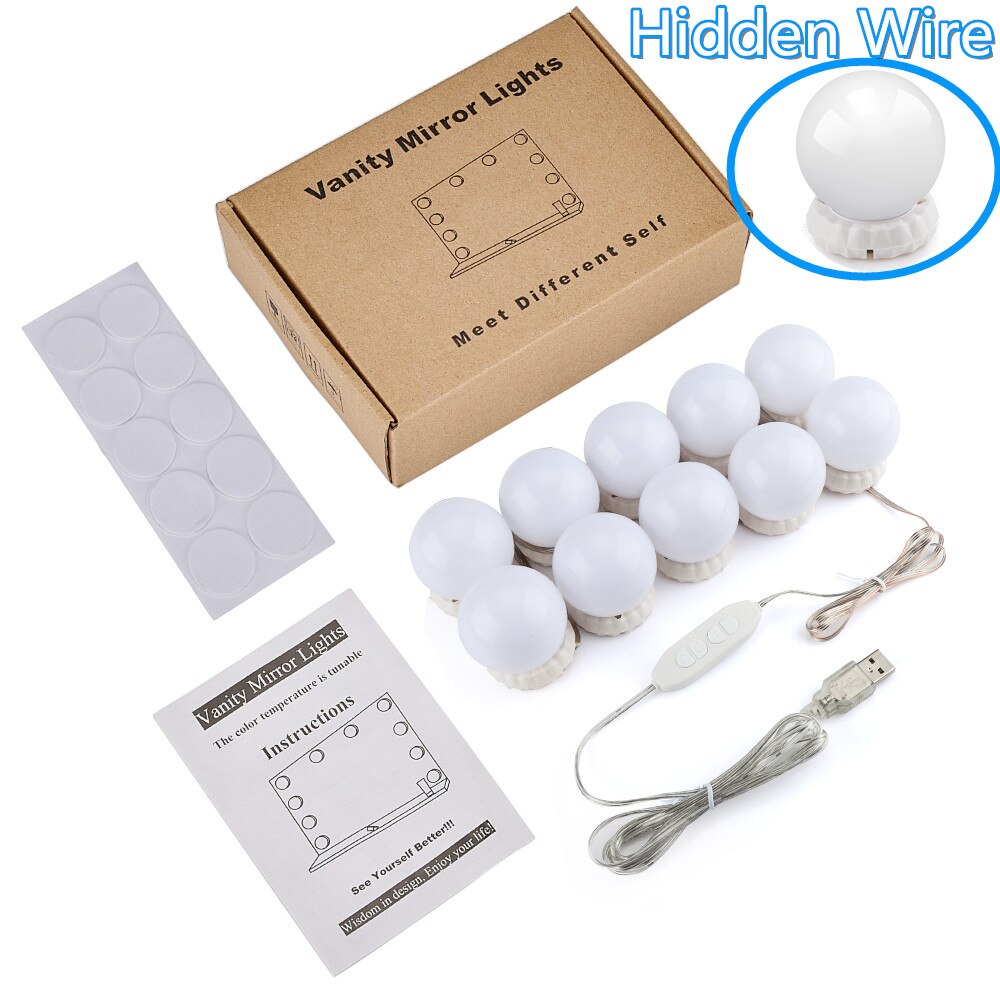 LED Makeup Mirror Light Bulb Hollywood Vanity Wall Lamp Cosmetic Light Adjustable Light Bulb for Dressing Table: Hidden Wire 10Bulbs