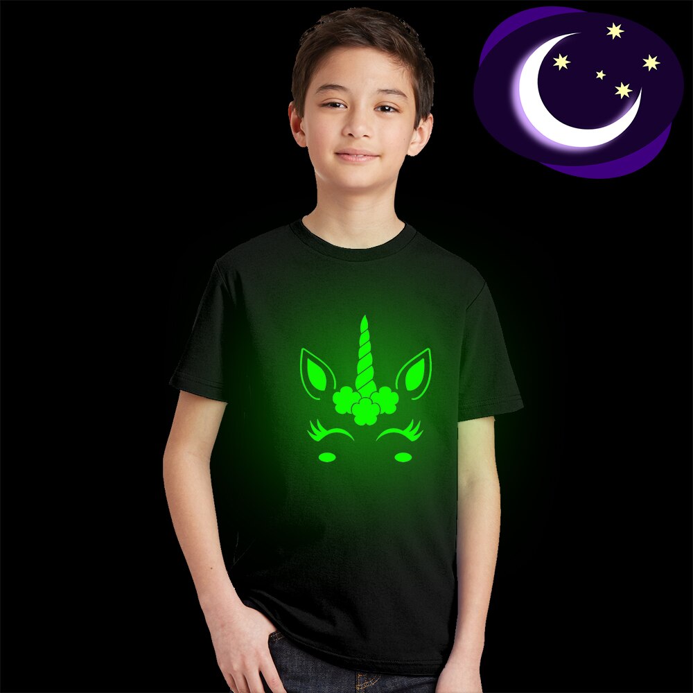 Summer Unisex Unicorn Luminous T-shirt Children T-shirts Boys Girls Print Glow In Dark Clothes Noctilucent Kids Funny T Shirt