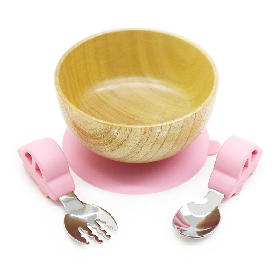 Baby matskål trä sugskål silikon sugkopp baby tallrik matsked gaffel barn porslin fat baby skål: Rosa 3pc set
