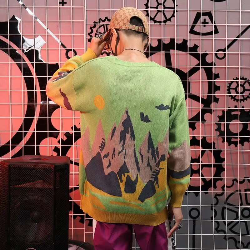 Talvi neuleet miesten villapaidat harajuku hip hop maisema maalaus rento miesten villapaidat ulkovaatteet katuvaatteet pusero