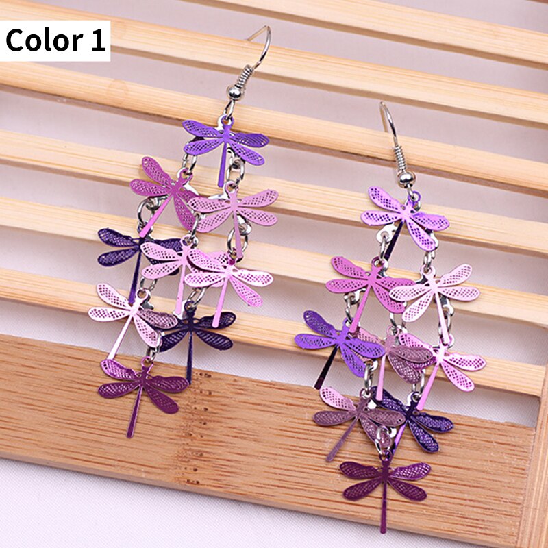 Colorful Dragonfly Earrings Bohemia Style Mix Color Long Dangle Earrings for Women Jewellery: Color 1 Mix Purple